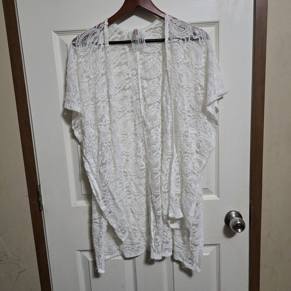 Mauve Women's White Floral Lace Open Front Kimono Cardigan Short Sleeve Boho Sm